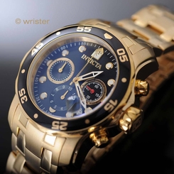 18k Gold IP Invicta Pro Diver Scuba Quartz Chronograph Black Dial Mens Watch New