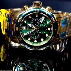 Mens Invicta Pro Diver Scuba Gold Plated Green Chronograph Swiss Parts Watch New