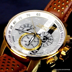 Mens Invicta S1 Rally Silver Dial 18kt Gold Plated Brown Leather Chronograph New