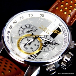 Mens Invicta S1 Rally Racing Silver Dial Brown Leather Chronograph Watch New