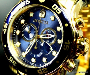 Mens Invicta Pro Diver Scuba Gold Plated Blue Chronograph Swiss Parts Watch New