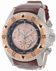New Mens Invicta 12694 Excursion Swiss Chronograph Rose Dial Brown Leather Watch