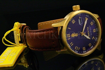 Invicta Men I-FORCE Blue Sunray Dial Gold Tone Bezel Brown Genuine Leather Watch
