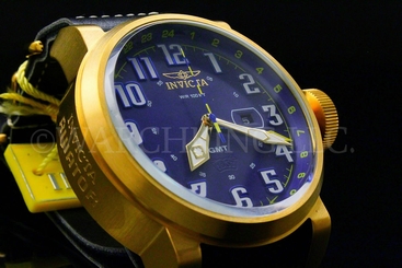 Invicta Aviator GMT Blue Dial S.S 18K G.P Black NATTO Leather Wrap Around Watch