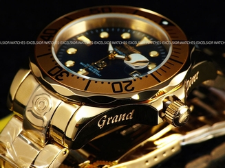 Invicta Men 300M Grand Diver Automatic Polished 18K Gold IP Black MOP Dial Watch