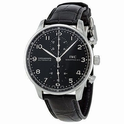 New IWC Portugieser Automatic Chronograph Black Dial Leather Mens Watch IW371447 7640127776940