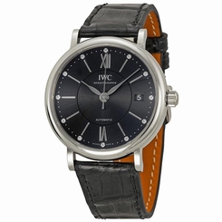 IWC UNISEX PORTOFINO DIAMOND 37MM BLACK LEATHER BAND AUTOMATIC WATCH IW458102