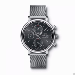  IWC IW391010 Portofino Chronograph SS MESH Bracelet Black Dial Retail: $6600 NEW