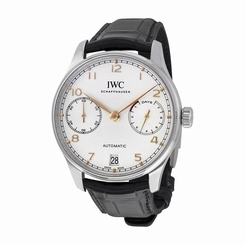 IWC Portugieser Automatic Silver Dial Black Leather Strap Mens Watch IW500704