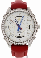 Men's Jacob & Co. Five Time Zones Diamond Bezel Red Leather Strap
