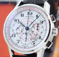 New Longines Men's Telemeter Chronograph 41mm Steel on Black Leather White Face 703200179018