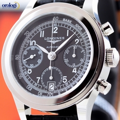 Longines Men's Heritage 1942 Chronograph Automatic Steel on Leather Black Face