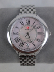 NIB Michele Serein 16 Pink MOP Diamond Silver Watch Stainless Band MW21B00A0062