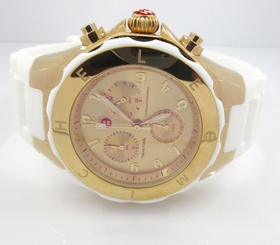 NEW Michele MWW12F000030 Women's Chrono Rose Gold Tone Dial White Silicon Watch