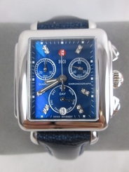 New Michele Large Blue MOP Deco Diamond Watch MW06P00A0956 Leather Band NIB