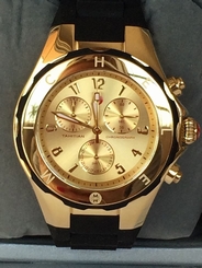 MICHELE Black Tahitian Jelly Bean 18K Gold Plated Chronograph Watch MWW12F000034