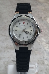 NEW MICHELE MWW12P000011 SILVER TAHITIAN JELLY BEAN BLACK RUBBER WOMENS WATCH