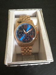 Women's or Mens Wrist Watch, blue face, gold color band analog 030506398158 NIB 99945395814