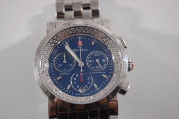 Michele Sport Sail Diamond Navy Blue Chronograph Stainless Steel Watch Silver