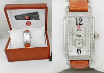 MICHELE CSX Ladies DECO DIAMOND BEZEL MOP DIAL LEATHER BAND WRIST WATCH W/BOX