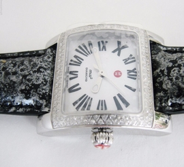 NEW-MICHELE 112 DIAMONDS SILVER,BLACK LEATHER BAND ROMAN NUMERIC MOP DIAL WATCH