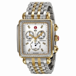 NEW MICHELE DECO XL DAY,2 TONE SILVER+GOLD,DIAMOND,WHITE MOP WATCH MWW06Z000013
