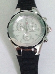 MICHELE TAHITIAN BLACK SILICONE SILVER TONE TONE CHRONO DATE WATCH MWW12F000033