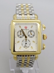NEW MICHELE DECO XL DAY,2 TONE SILVER+GOLD, DIAMOND,WHITE MOP WATCH MWW06Z000014