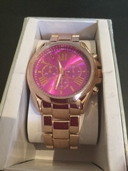 Women's Wrist Watch, magenta face, gold color metal band analog 030506398172 NIB 99945395814