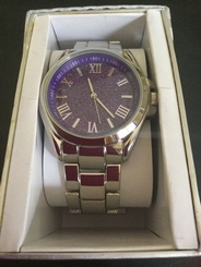 Women's Wrist Watch, purple sparkling face, metal band analog 030506398639 NIB 99945395814