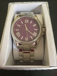 Women's Wrist Watch, purple sparkling face, metal band analog 030506398639 NIB 99945395814