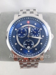 NEW Michele Large Silver Navy Blue Diamond Sport Sail Watch MWW01K000118