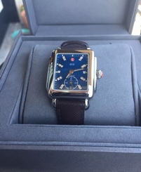 Michele Large Blue MOP Deco 16 Diamond Watch MW06V00A0956 Brwn Leather Band NIB