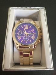 Women's Wrist Watch, NICE purple face, gold color band analog 0305063982417 NIB 99945395814