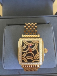 NWT AUTHENTIC MICHELE Art Deco Black Diamond/GOLD BRACELET Watch MW06T01B0993