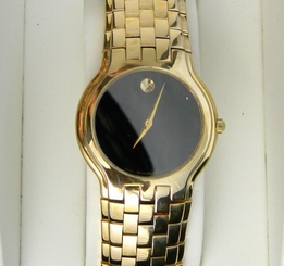 Mens Gold MOVADO CELESTINA Black Museum Dial Stainless Steel Swiss Quartz Watch