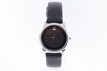 Ladies Movado 0606503 MUSEUM CLASSSIC Leather Strap Black Dial Stainless Watch