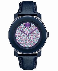New Movado Swiss Bold Crystal Pave Dial Blue Leather Women's 36mm Watch 3600263