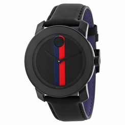 NWT UNISEX MOVADO BOLD (3600224) BLACK LEATHER RED BLUE STRIPE DIAL WATCH