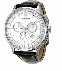 Movado Circa Chronograph 0606575 White Dial Black Leather Band Men's Watch