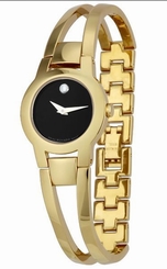 NWT Ladies Movado Amorosa 0604758 Black Dial Gold-Tone Stainless Bracelet Watch 775924859453