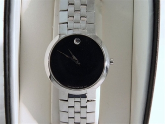 Men's MOVADO FACETO Black Museum Dial Stainless Steel Swiss Quartz Watch 8"