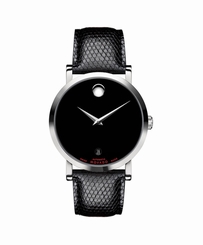 Movado Red Label 0606114 Automatic Black Dial Black Leather Band Mens Watch