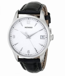  NWT Men's Movado 0606569 CIRCA Black Crocodile-Embossed Leather Strap Watch