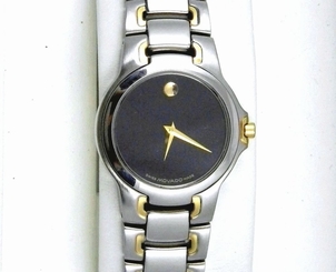 Ladies 2-T MOVADO MEZA Black Museum Dial Stainless Steel Swiss Quartz Watch 7"