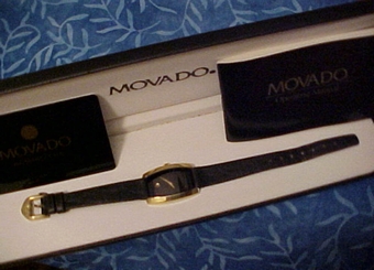 EXCEPTIONAL MOVADO GOLD BLACK LADIES TONNEAU MUSEUM WATCH LNIB W/ MANUAL & CARD