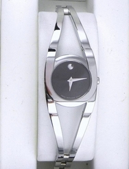 Ladies MOVADO CIA Black Museum Dial Stainless Steel Swiss Quartz Watch 7" In Box