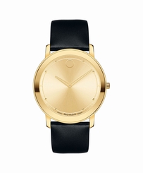Movado Sapphire 0606883 Quartz Gold Dial Leather Band Mens Watch
