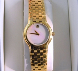 Ladies Gold Tone MOVADO CELESTINA White MOP Dial St Steel Swiss Quartz Watch 7"