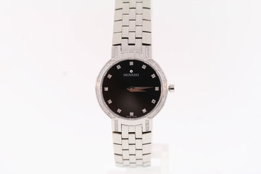 Ladies Movado 0605586 FACETO Stainless Steel Diamond Accented Black Dial Watch